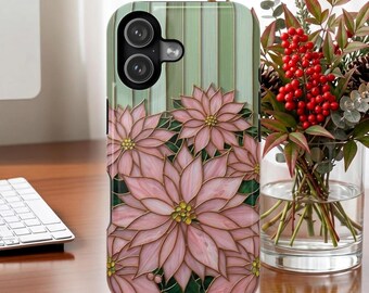 Stained Glass Effect Pink Poinsettia with Stripes Magnetic Impact-Resistant Samsung S26 Series and iPhone Cases