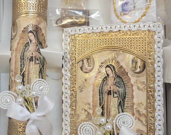 Handmade First Communion Candle Set: Guadalupe, Rosary & Scapular