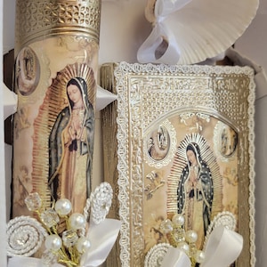 Beautiful Baptism Candle Set, Christening 5 Pieces Set, white, Hand Made, Vela de Bautizo, Ceremony candle, guadalupe, velas para bautizo