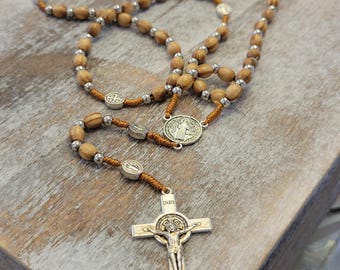 Olive Wood Rosary St. Benedict Medals, Handmade Catholic Rosary From Jerusalem beads