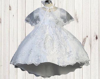 Virgen de Guadalupe Baptism Dress: Baby Girl Christening Gown with Cape & Headband