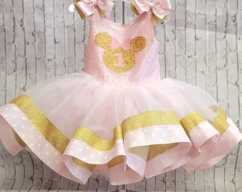 Pink and gold Minnie Mouse Inspired costume, pink baby tutu dress, 1stbirthday costume,cute decorated shoes included.