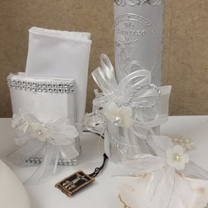 Beautiful Baptism Candle Set, Christening 6 Pieces Set, white, Hand Made, Vela de Bautizo, Ceremony candle, a unique design.