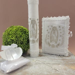 Beautiful Baptism Candle Set,virgen de Guadalupe, Christening 6 Pieces Set, white, Hand Made, Vela de Bautizo, Ceremony candle.