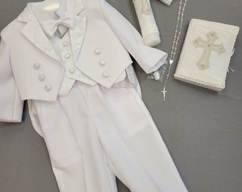 5 piece Boy Baptism Tux, Boy Christening Tuxedo,boy first communion tuxedo, White Kid Suit, Penguin Tux, Traje de Bautizo, Traje de Niño