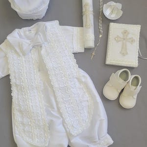 Boy&#39;s Vintage Baptism Gown Christening Outfit with cross candle set