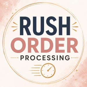 Puede incluir: Gráfico circular con las palabras "RUSH ORDER PROCESSING" en azul marino y rosa empolvado. Un gráfico de reloj dorado con líneas de movimiento en la parte inferior. El diseño está enmarcado por un doble círculo dorado sobre un fondo rosa y crema.