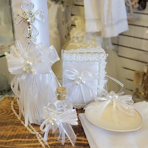 Beautiful Baptism Candle Set, Christening 6 Pieces Set, Ivory, Hand Made, Vela de Bautizo, Ceremony candle, a unique design.