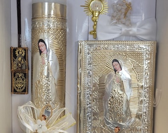 Guadalupe First Communion Candle Set: Rosary, Scapular & New Testament