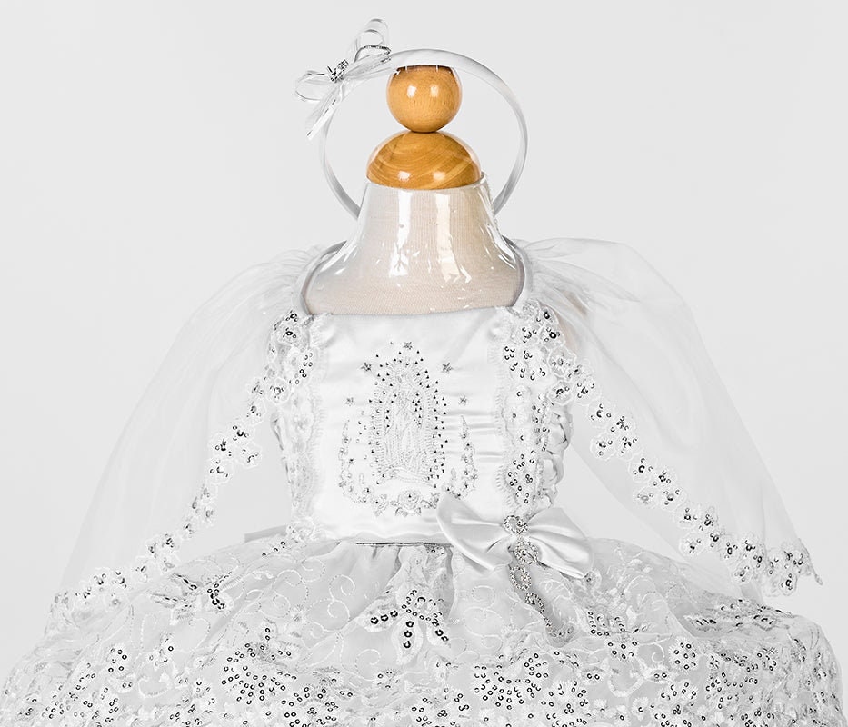 Virgen de Guadalupe Baptism Dress, Christening Gown, Baby Girl White Dress, vestido Bautizo con virgen de Guadalupe