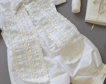 Boy Baptism Christening Romper Gown: Vintage Cross Design