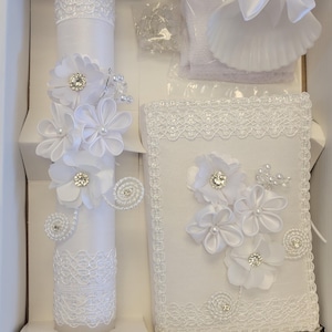 Beautiful Baptism Candle Set, Christening 5 Pieces Set, white , Hand Made, Vela de Bautizo, Ceremony candle, a unique design