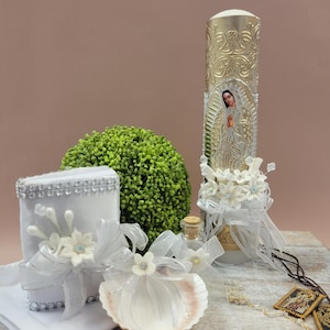 Beautiful Baptism Candle Set, Christening 6 Pieces Set, white, Hand Made, Vela de Bautizo, Ceremony candle, a unique design.