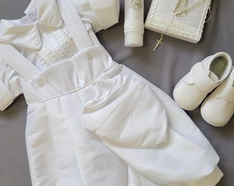 Boy Baptism Christening Romper white Gown: Vintage Cross Design