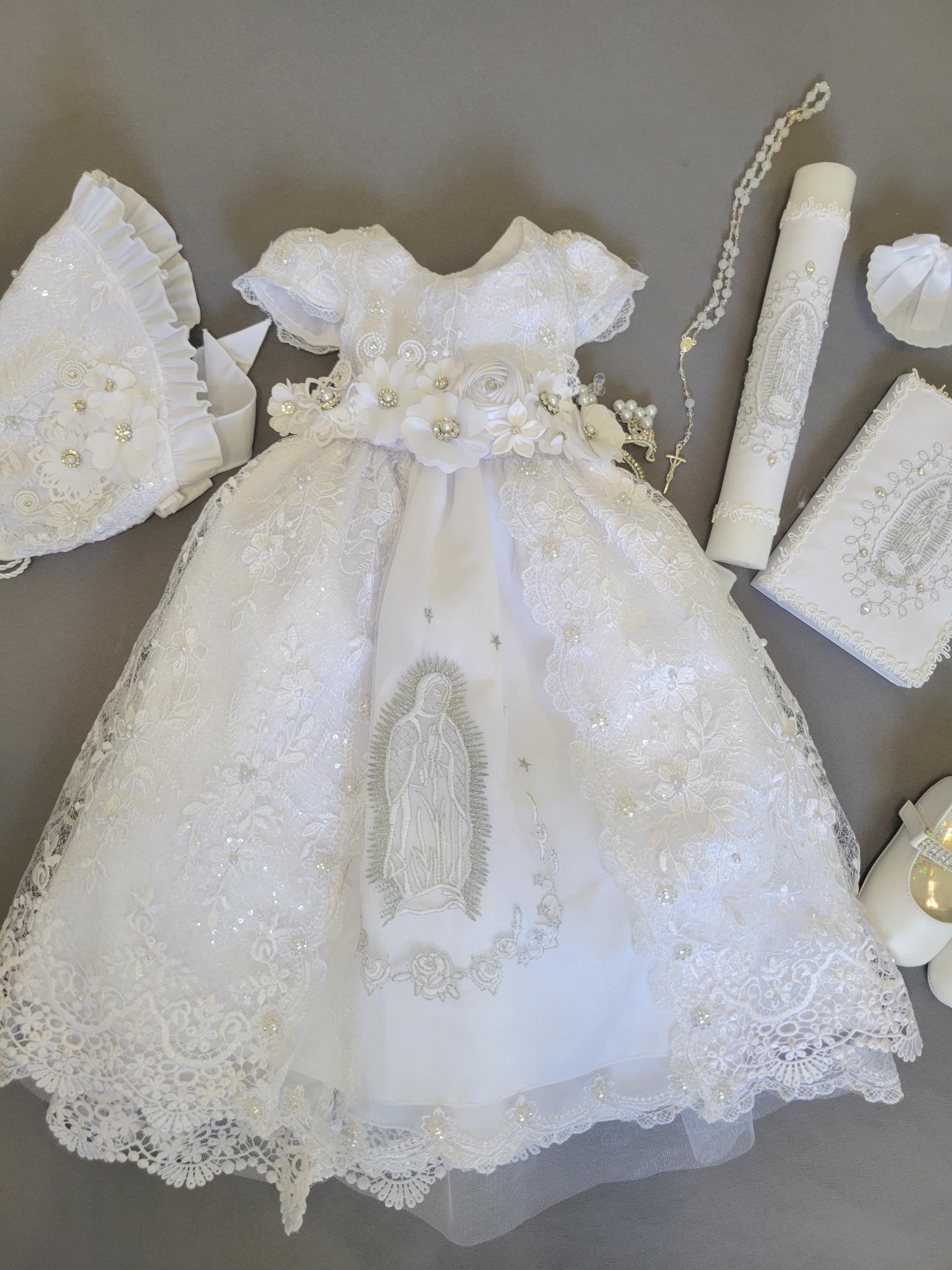 knee length dresses for ladies Virgen de Guadalupe Baptism Dress, White Christening Gown, Baby Girl B   STYLO