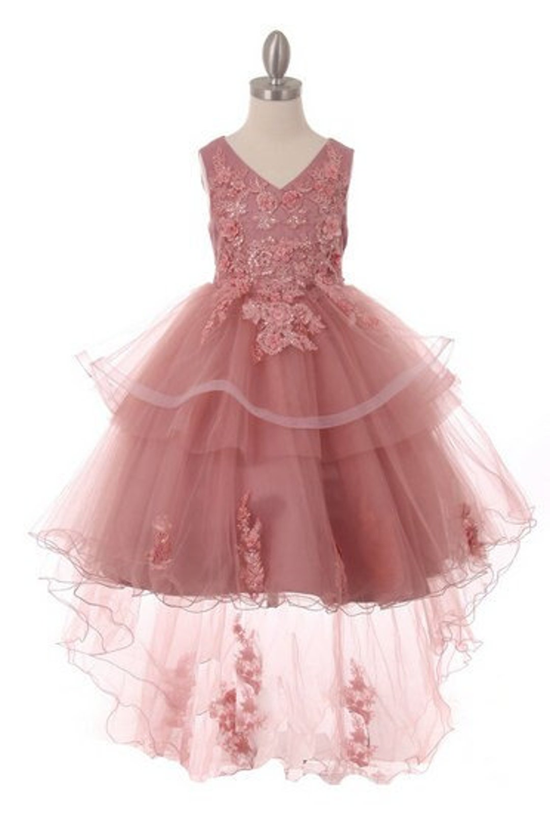 Girls Fine Jacquard Celebration Dress Floral Dusty Rose