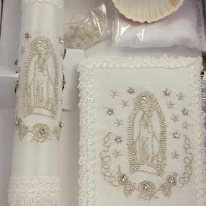 Beautiful Baptism Candle Set,virgen de Guadalupe, Christening 6 Pieces Set, white, Hand Made, Vela de Bautizo, Ceremony candle.