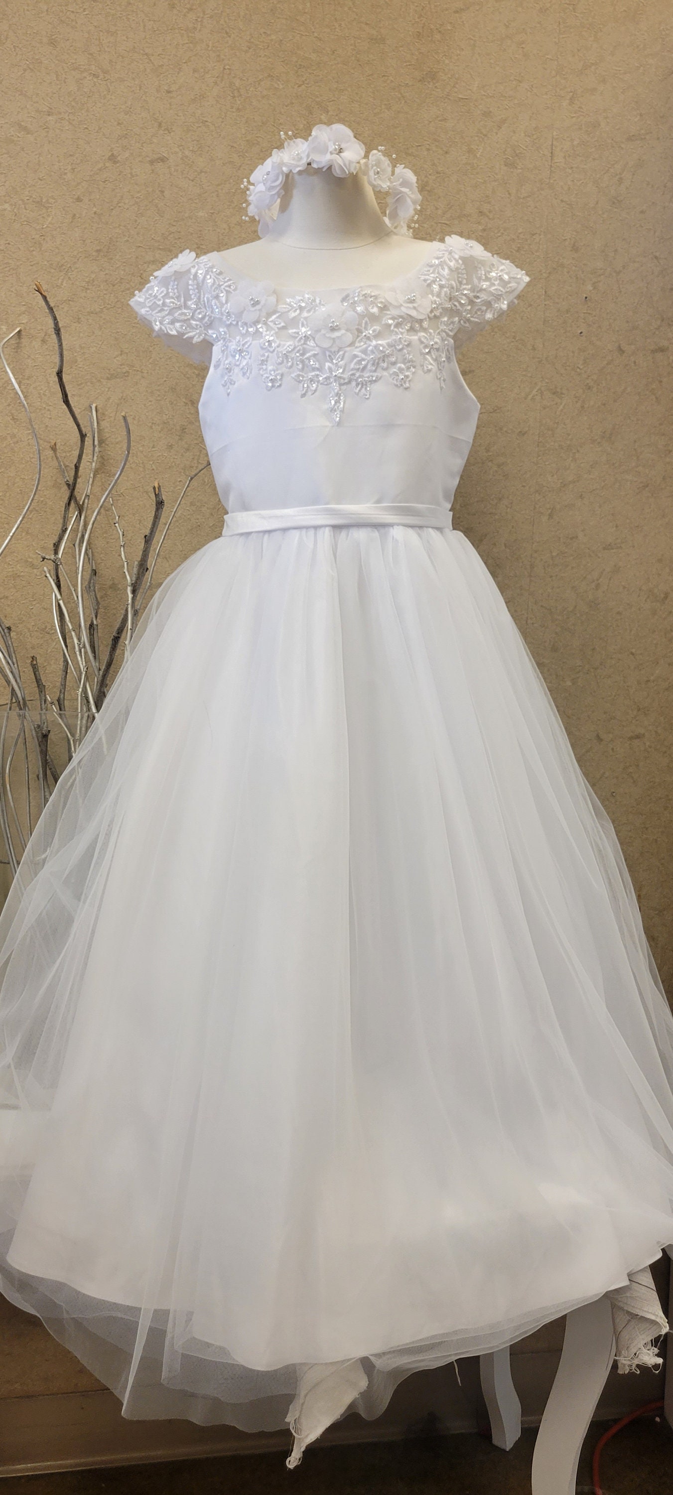 ankle length first communion dress Lace and Tulle Off-the-Shoulder White Ball Gown 7033W 4 / White
