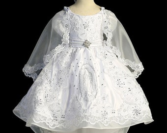 Virgen de Guadalupe Baptism Dress: Silver Stitching, Detachable Cape