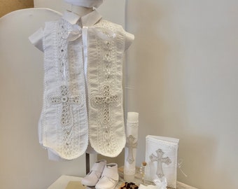 Handmade Boy Christening Outfit with Candle Set: Baptism Gown, Bonnet & Accessories