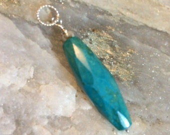 Large Natural Faceted Turquoise Pendant Sterling Silver with Hill Tribe Fine Silver Accent. 30mm Natural Gemstone