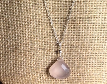 Pink Chalcedony & Sterling Necklace, Rollo Chain, Hill Tribe Accent Beads, Faceted Teardrop Briolette, Earth Mined Gemstone