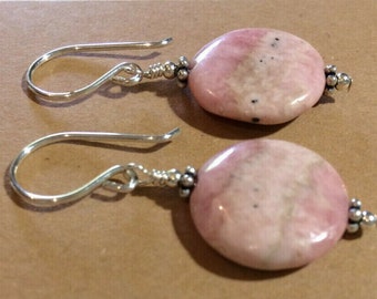 Natural Rhodochrosite & Sterling Silver Earrings or Lever Backs, Gemstone Coins, Rhodochrosite Jewelry, Titanium / 14k Gold Filled Available