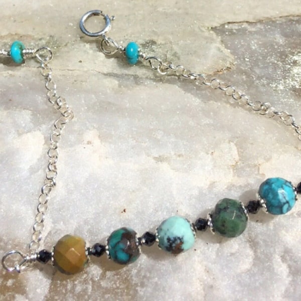 AAA Natural Turquoise & Sterling Silver Segment Bracelet, Multi Hue Faceted Rounds, Spinel, Tiny Sterling Flower Caps - GORGEOUS - Empilable