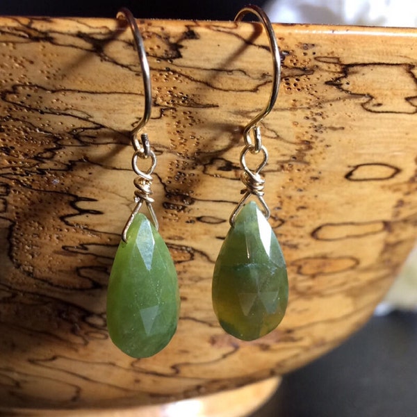 Faceted Vesuvianite Teardrop Briolette & 14K Gold Filled Earrings or Leverbacks,  Natural Olive Green Idocrase