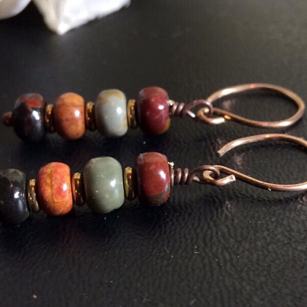 Multi Color Red Creek Jasper Earrings or Leverbacks,, Raw Brass, Bronze, Sterling Silver or Titanium Findings Available, Sundance Style