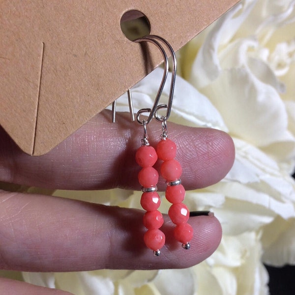 Natural Salmon Pink Coral Earrings or Leverbacks, Faceted Gems, Copper / Sterling / Titanium/ 14k Gold Filled, Sundance Style