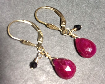 Petite AAA Faceted Genuine Ruby Teardrop Briolette, Faceted Black Spinel & 14k Gold Filled Lever Back Earrings