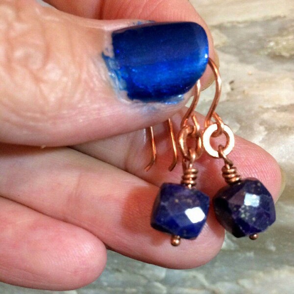 Lapis Lazuli & Pure Copper Earrings or Leverbacks, Faceted Cubes, Royal Blue Box w Pyrite, Natural Gemstones, Titanium Ear Wires Available