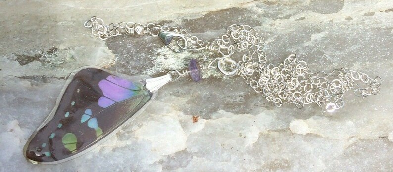 Sterling Silver Purple Graphium Butterfly Wings Tanzanite accent Real Butterfly Wing Pendant /& Necklace Set