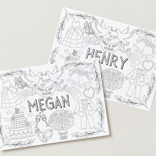 Wedding Personalised Placemat Colouring, Kids Activity, For Children, With Crayons/Pencils, Favour, Gift, Bridesmaid, Flower girl, Page boy