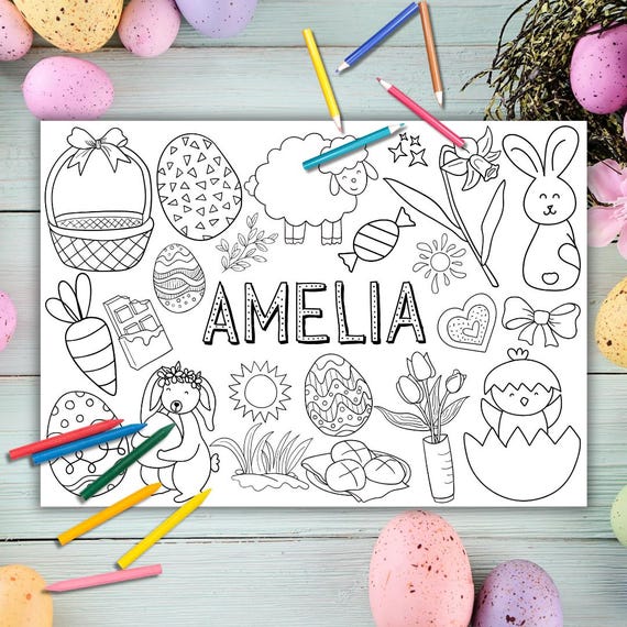 Personalized Easter Coloring Placemat, Kids Activity, Egg Hunt
