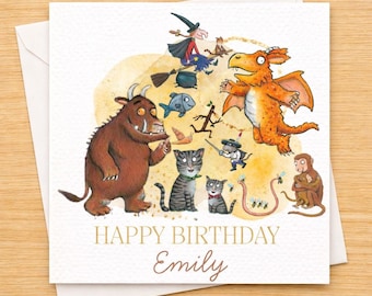 Biglietto di auguri di compleanno personalizzato per bambini / Design con libro di fiabe e amici / Biglietto quadrato martellato