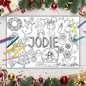Kerst gepersonaliseerde placemat kleurplaat, kinderactiviteit, voor kinderen, met kleurpotloden/potloden, kerstavonddoos, cadeaukousvuller