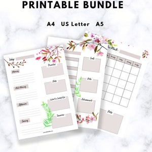 Planificador floral diario, semanal y mensual imprimible, sin fecha, descarga instantánea, editable, tamaño A4, carta (EE. UU.) y A5.