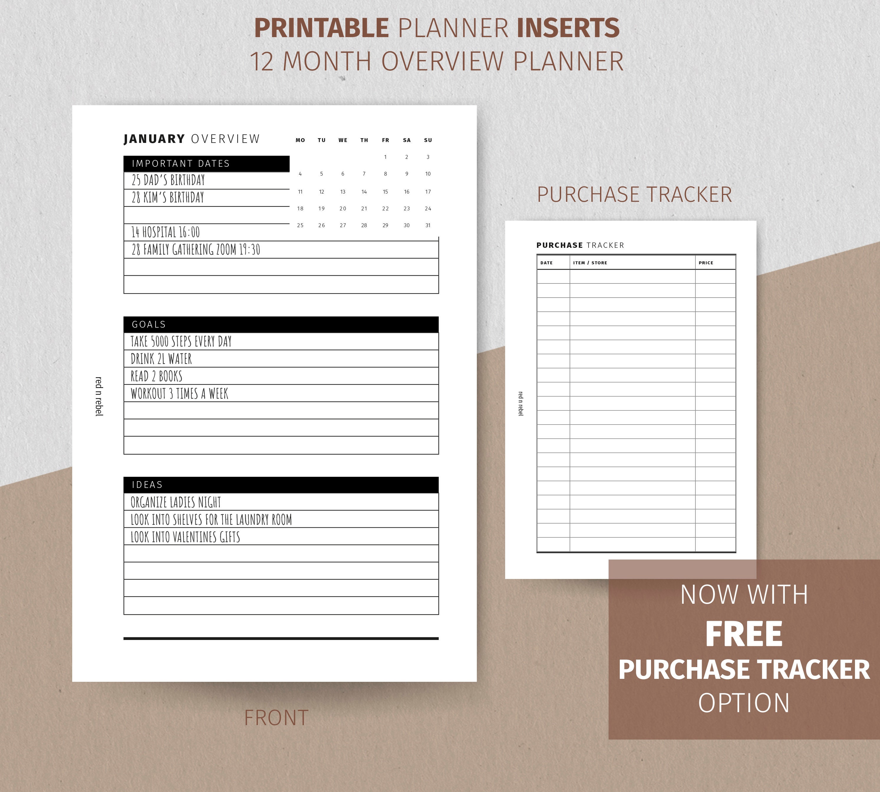 12 Month overview A6 Planner Inserts Printable with FREE Etsy