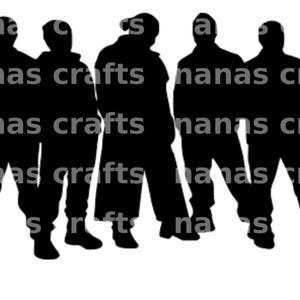 Puede incluir: Silueta en blanco y negro de cinco personas de pie, juntas. La imagen tiene superpuesto el texto "anas crafts" y "nanas cr" sobre las figuras.