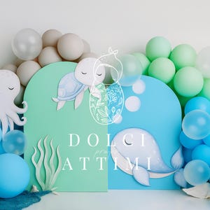 Ocean Animal Cake Smash Digital Backdrop – Whale, Turtle & Octopus Background with Blue Balloons for Baby Boy Under the Sea Photos