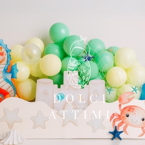 Beach Party Digital Backdrop – Sandcastle Cake Smash Background with Seahorse, Crab, Balloons and Starfish for Baby Summer Photos