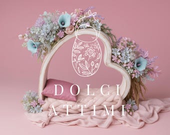 Romantic Floral Heart Digital Backdrop for Newborn Photography – Pastel Flowers, Pink Bed Setup