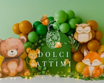 Woodland Animals Cake Smash Digital Backdrop – Forest Birthday Background with Balloons, Bear, Fox, Owl for Baby or Toddler Photos