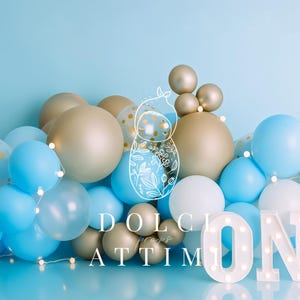 Blue and Gold First Birthday Digital Backdrop – Boy Cake Smash Background with Light-Up ONE Letters and Balloons for Baby Photo Sessions