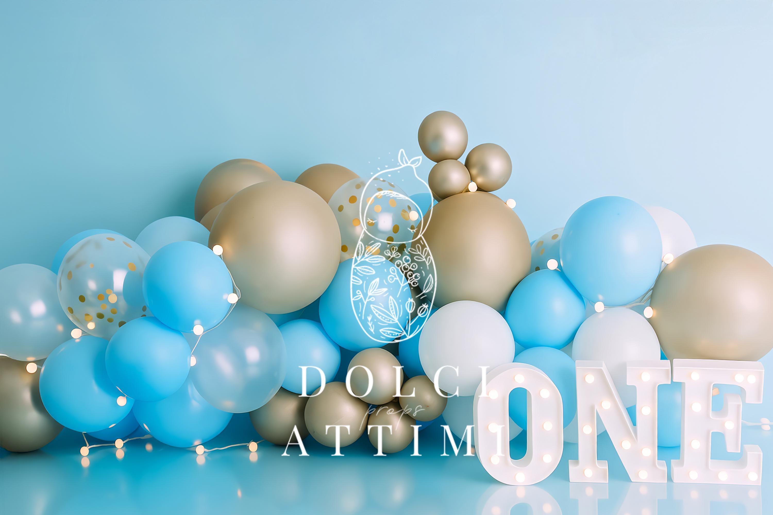Blue and Gold First Birthday Digital Backdrop – Boy Cake Smash Background with Light-Up ONE Letters and Balloons for Baby Photo Sessions