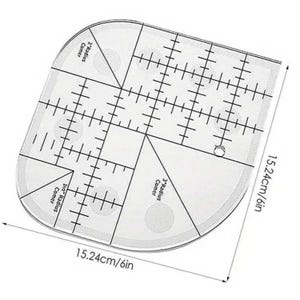 Può includere: Un righello trasparente per quilting con segni e misure neri. Il righello è largo 15,24 cm e presenta bordi curvi e vari angoli per un taglio preciso. Include etichette per angoli con raggio di 1 1/2", 2" e 3".