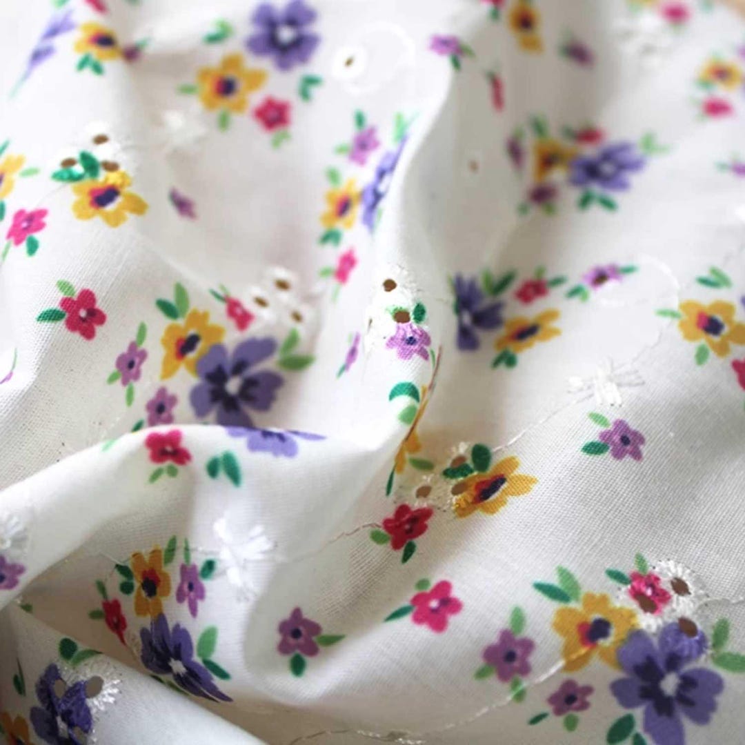 Purple, Pink & Yellow Floral on White Polycotton Fabric - Etsy