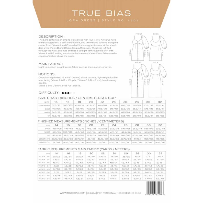 Lora Dress Sewing Pattern Size 14-32 - True Bias - Etsy Canada
